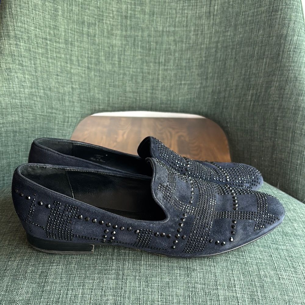 Donald J. Pliner Women’s crystal Black Studded blue suede  Loafers shoes size 11